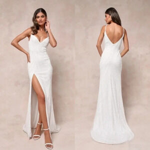 Lulus Enchanting Perfection White Sequin Beaded Slip Maxi Dress Wedding Bride